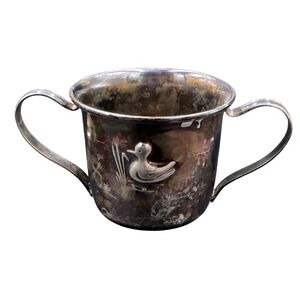 Silver Plated Natural Patine Vintage Childs Double Handle Cup Embossed Duck Mug